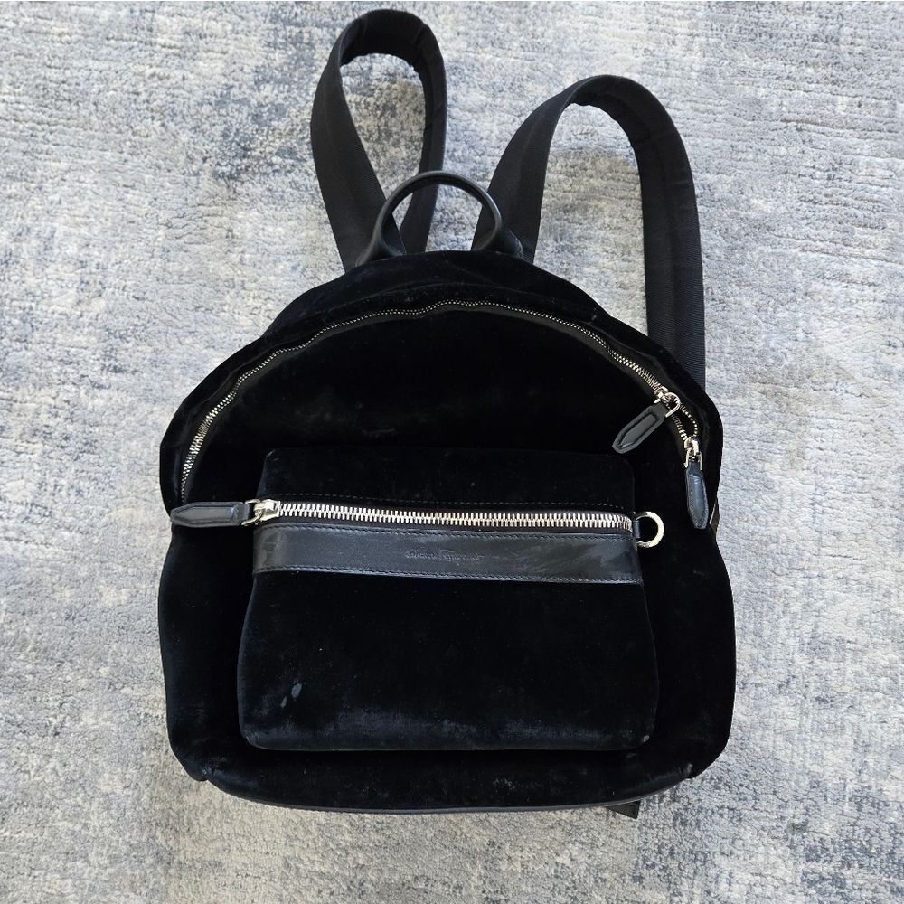 Salvatore Ferragamo Black Velvet Backpack with Front Pocket